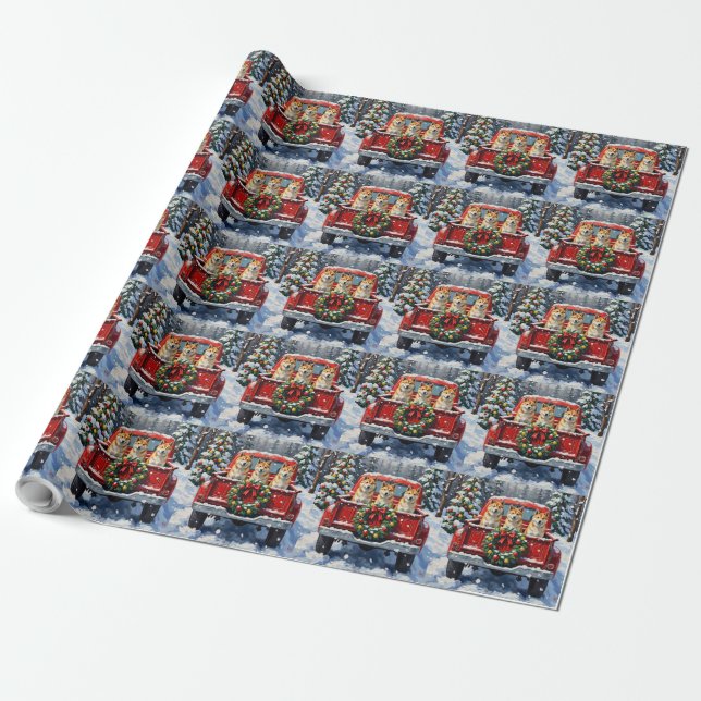 Papel De Presente Caminhão Vermelho de Natal Akita Feriado (Desenrolado)
