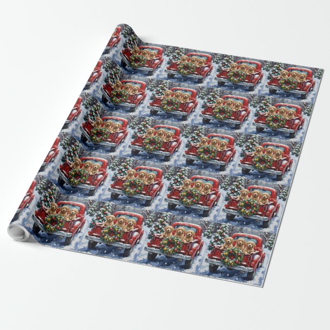 Papel De Presente Caminhão Vermelho de Natal Cockapoo Férias (Desenrolado)