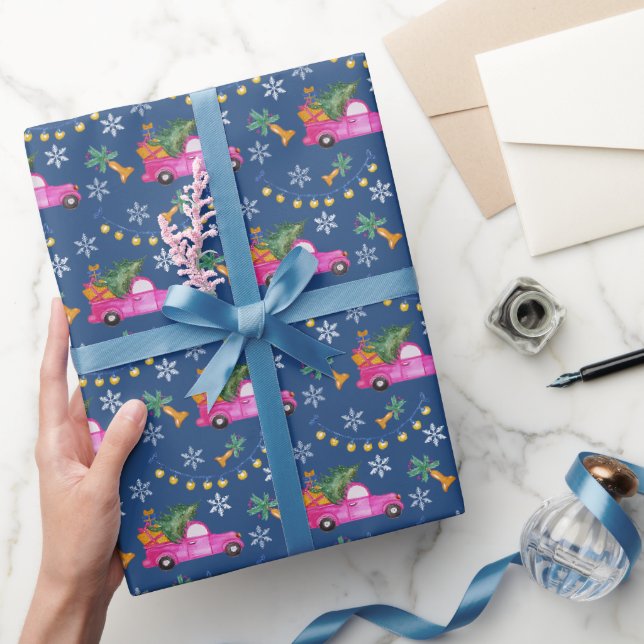 Papel De Presente Caminhão Vermelho de Natal com Árvore e Desejos (Presentear)