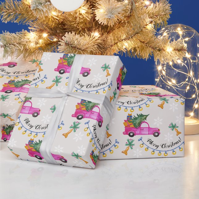 Papel De Presente Caminhão Vermelho de Natal com Árvore e Desejos (Feriados)