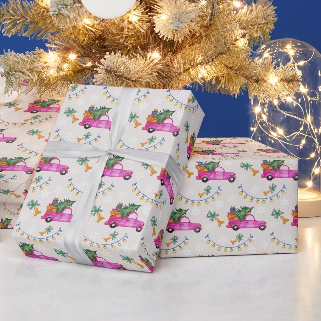 Papel De Presente Caminhão Vermelho de Natal com Árvore e Desejos (Feriados)