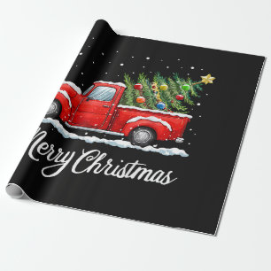 Papel De Presente Caminhão Vermelho Natal Feliz Vintage com Árvore