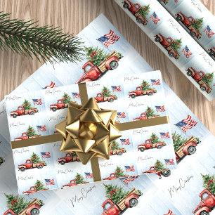 Papel De Presente Caminhão Vermelho Vintage Natal Bandeira Patriótic