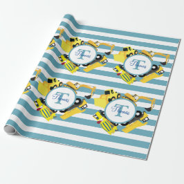 Papel De Presente Caminhões de Construção Blue Stripes Monograma