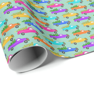Papel De Presente Caminhões de Natal Lindos Árvores Presente Retro X