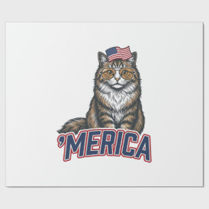 Papel De Presente Camisa de Desenho de Gato Patriótico Merica Vintag