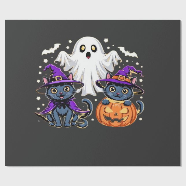 Papel De Presente Camiseta Clássica de Gato de Abóbora Fantasma Fofa (Aberto)