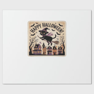 Papel De Presente Camiseta Clássica Feliz Halloween Gato Preto Bruxa