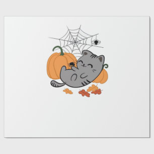 Papel De Presente Camiseta Clássica Gato de Halloween e Aranhas