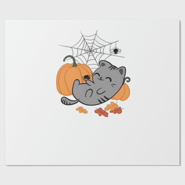 Papel De Presente Camiseta Clássica Gato de Halloween e Aranhas (Aberto)