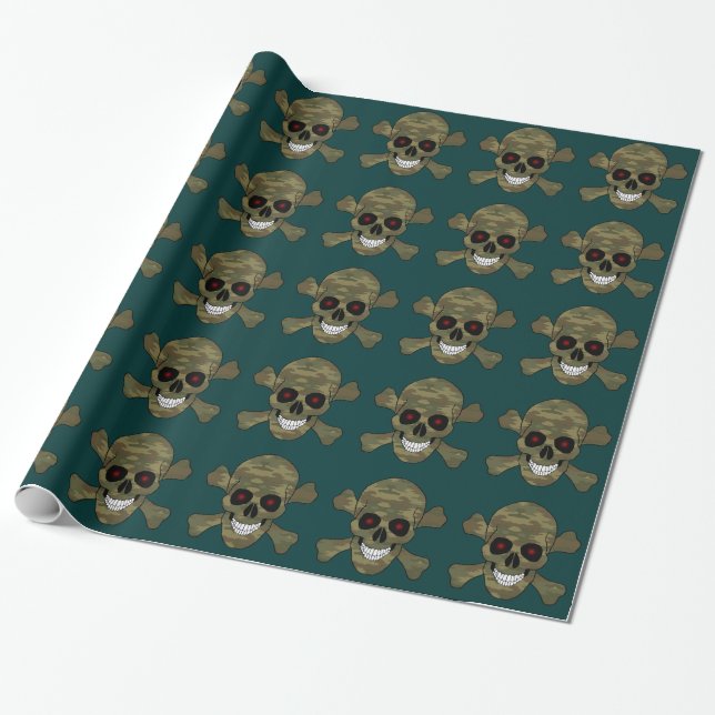 Papel De Presente Camo Skull Red Eyes And Crossbones Wraprap Paper (Desenrolado)