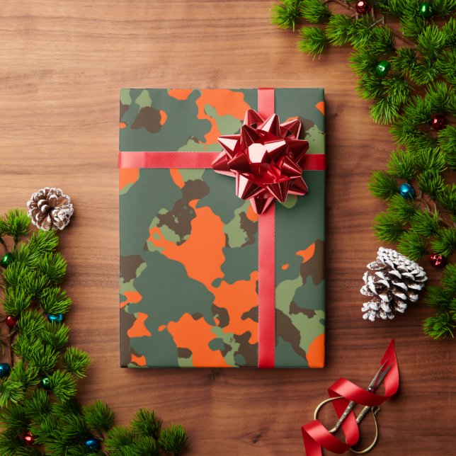 Papel De Presente Camo Verde com Laranja Cinza de Segurança (Presente de Natal)
