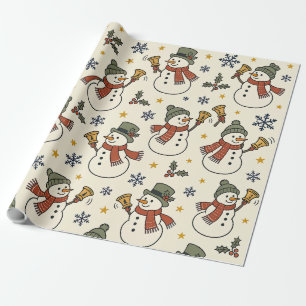 Papel De Presente Campainha de Natal Vintage Bonecos de Neve Azevinh