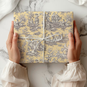 Papel De Presente Campestre Francês Toile Amarelo Preto Vintage
