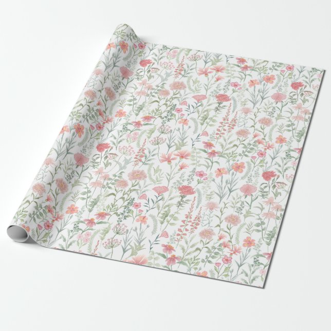 Papel De Presente Campina de Flores Silvestres Rosa Feminina Coquete (Desenrolado)
