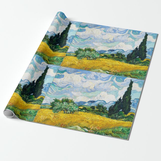 Papel De Presente Campo de trigo Vincent Van Gogh com ciprestes (Desenrolado)