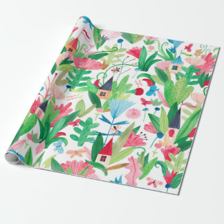 Papel De Presente Campos de flores e plantas com casas pequenas, mas