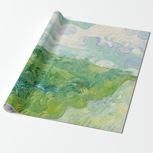 Papel De Presente Campos de trigo verde Paisagem Art Van Gogh (Desenrolado)