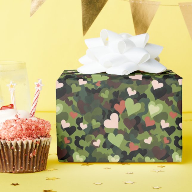 Papel De Presente Camuflagem Coração Verde (Festa de aniversário)