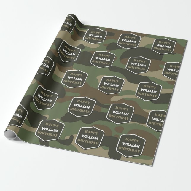 Papel De Presente Camuflagem Verde Camo Exército Monograma Monograma (Desenrolado)