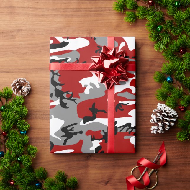 Papel De Presente Camuflagem Vermelha e Cinza, Militar, Exército (Presente de Natal)