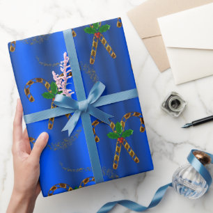 Papel De Presente Canas ouros de doces no Natal Azul