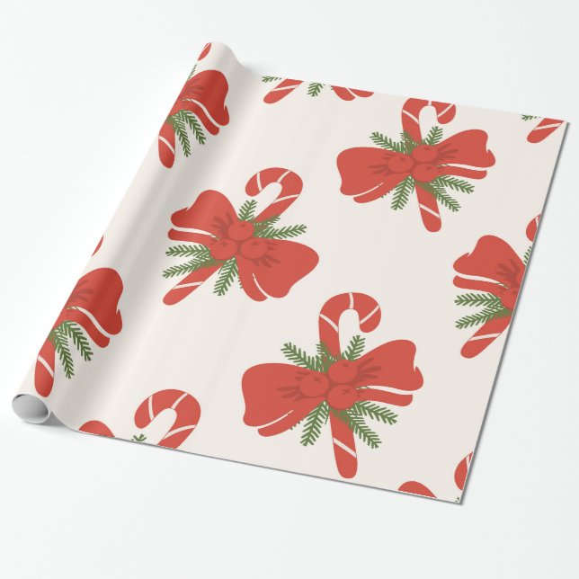 Papel De Presente Candy Cane & Arco Cream Feriado de Marfim Natal (Desenrolado)
