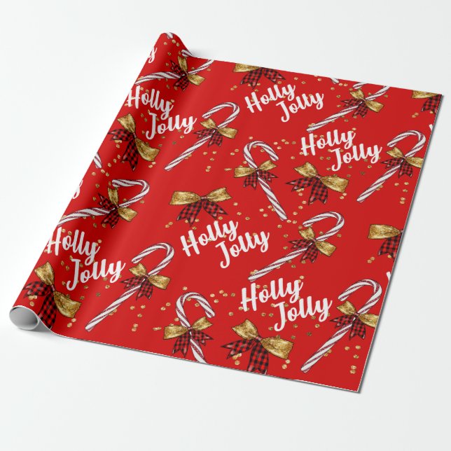 Papel De Presente Candy Cane Holly Jolly Natal Wrap (Desenrolado)