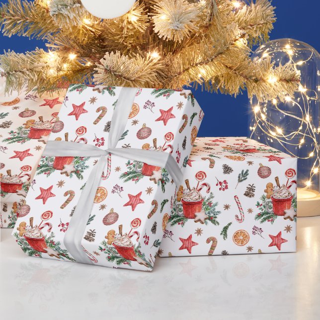 Papel De Presente Caneca de Chocolate Quente de Natal com Doces  (Feriados)