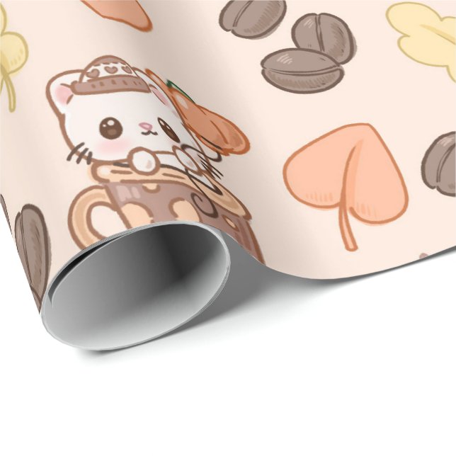 Papel De Presente Caneca de Gato de Outono Padrão de Grão de Café Ka (Ponta do rolo)