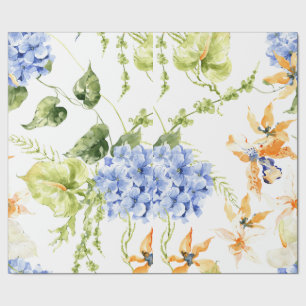 Papel De Presente Caneca Floral Aquarela Laranja Azul e Verde