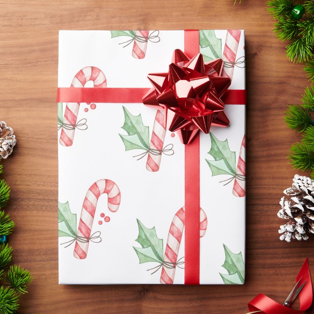 Papel De Presente Canes de Canas Vermelhas e de Cana Verde da Água d (Vintage Christmas Watercolor Red Candy Canes and Greenery Wrapping Paper by Painted Paperie
)