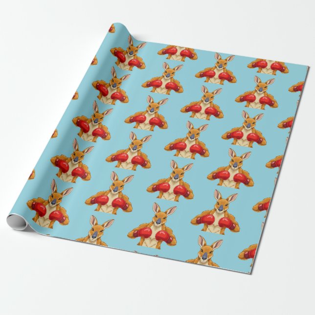 Papel De Presente Canguru animado com luvas de boxe vermelhas (Desenrolado)