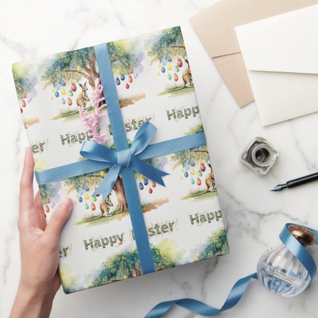 Papel De Presente Canguru sob a árvore de goma com ovos de Páscoa (Presentear)