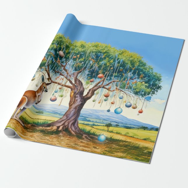 Papel De Presente Canguru sob a gomeira com enfeites de Natal (Desenrolado)
