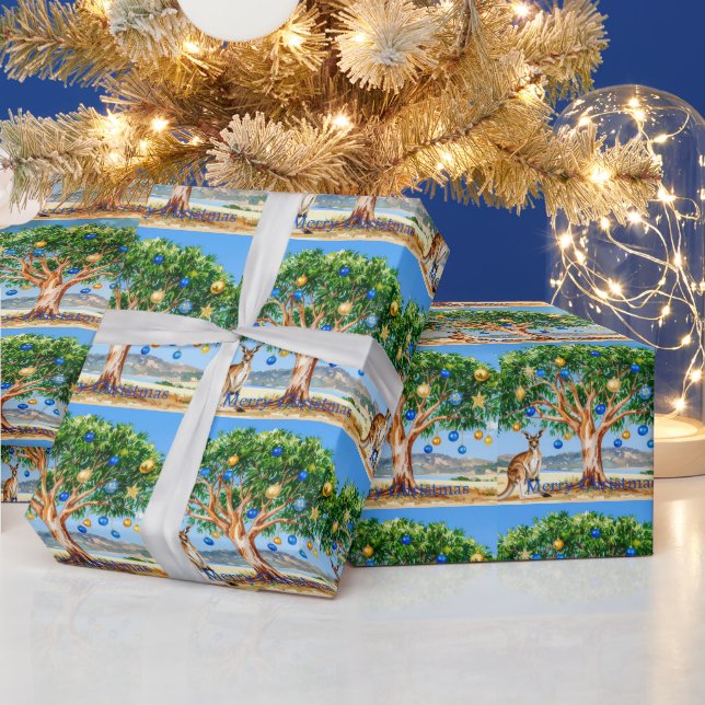 Papel De Presente Canguru sob a gomeira com enfeites de Natal (Feriados)