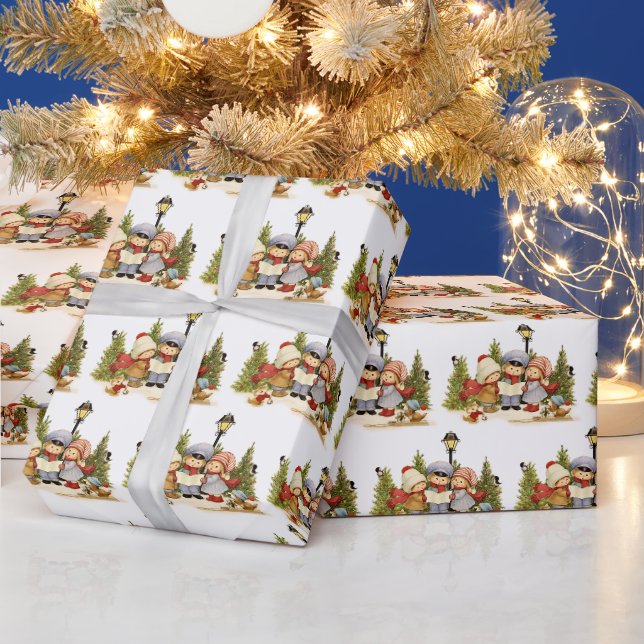 Papel De Presente Cantores de Natal de Crianças Fofas Com Animais de (Feriados)