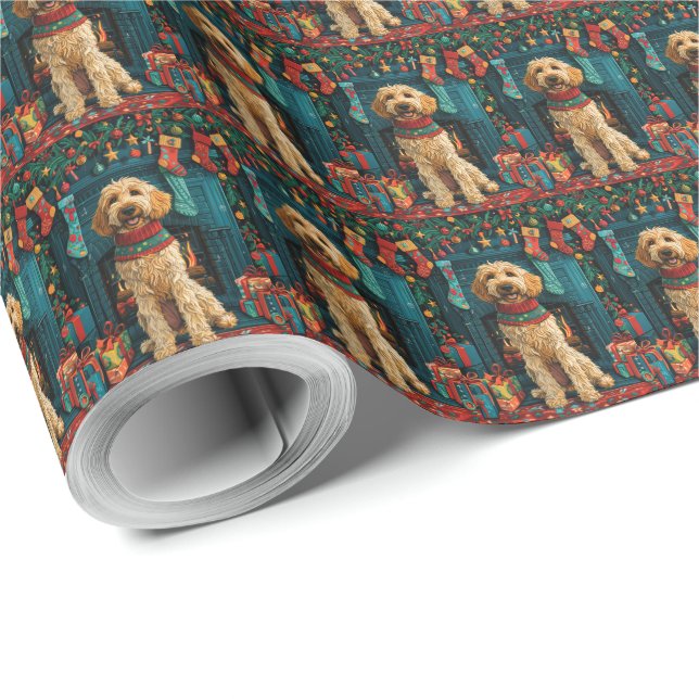 Papel De Presente Cão Afghan Hound Com Presentes de Natal Lareira (Ponta do rolo)