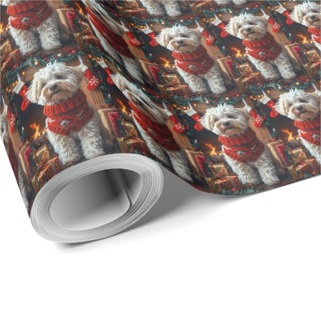 Papel De Presente Cão Bichon Frise com Presentes de Natal Lareira (Ponta do rolo)