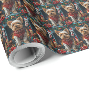 Papel De Presente Cão Biewer Terrier com Presentes de Natal Lareira