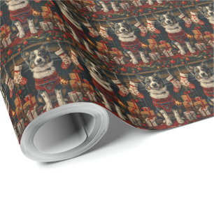 Papel De Presente Cão Blue Heeler com Presentes de Natal Lareira