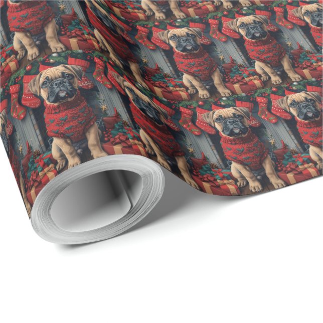 Papel De Presente Cão Bullmastiff com Presentes de Natal Lareira (Ponta do rolo)