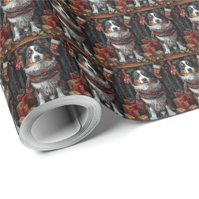 Papel De Presente Cão Collie com Presentes de Natal na Lareira (Ponta do rolo)
