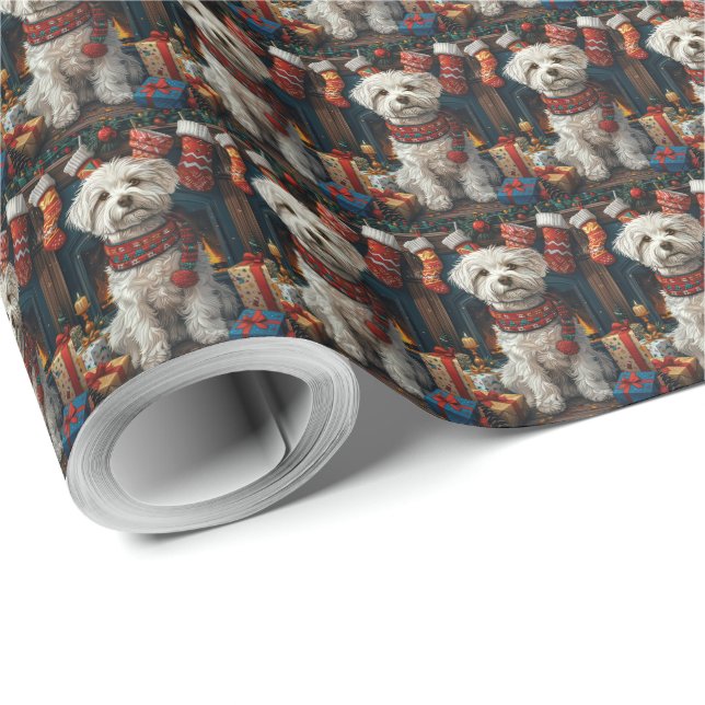 Papel De Presente Cão Coton De Tulear com Presentes de Natal Lareira (Ponta do rolo)