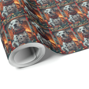 Papel De Presente Cão Dálmata com Presentes de Natal Lareira