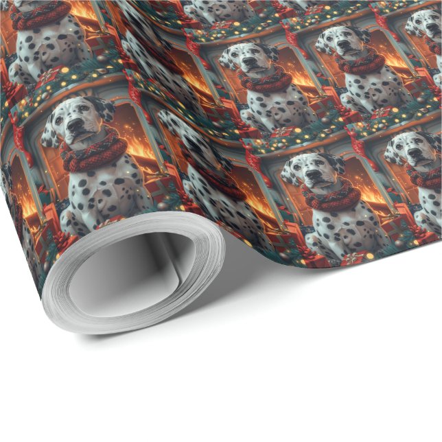 Papel De Presente Cão Dálmata com Presentes de Natal Lareira (Ponta do rolo)