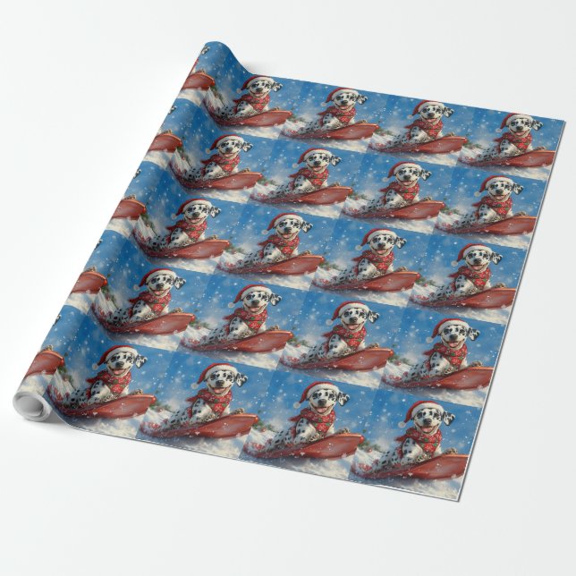 Papel De Presente Cão Dalmata em Trenó Deixe Nevar Natal (Desenrolado)