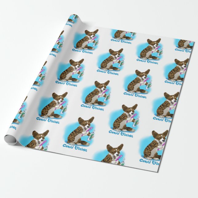 Papel De Presente Cão de Corgi com escova de dentes (Desenrolado)