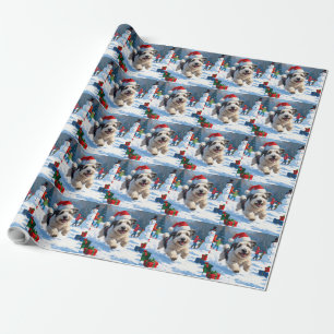 Papel De Presente Cão de Pastoreio Inglês Antigo Correndo na Neve Ch