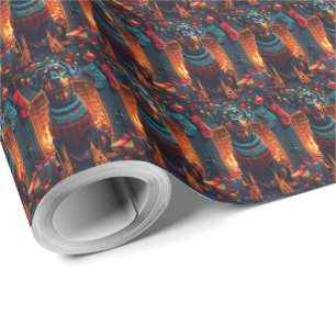 Papel De Presente Cão Doberman Com Presentes de Natal Lareira